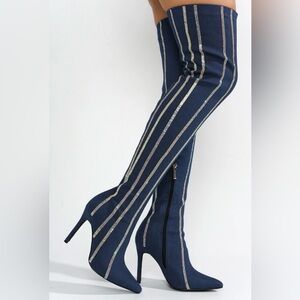 Denim Rhinestone Striped Stiletto Thigh High Boots. 4.5” Heel Diamond Studded